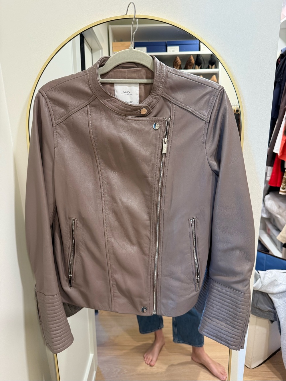 Warm Grey Leather Moto Jacket from Mango